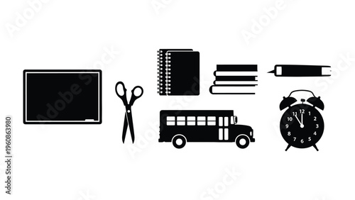 School Essentials: A curated collection of essential school supplies, depicted in a clean, minimalist style. This image celebrates the beginning of education and the tools that foster learning.