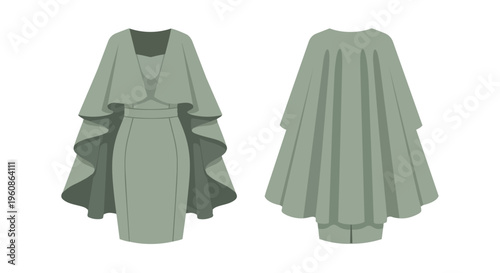 Elegant Sage Green Cape Dress Fashion Illustration Formal Wear Apparel Design
