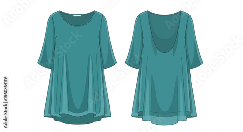 Elegant teal flowing tunic dress front and back view fashion illustration design for women's apparel. stylish and comfortable
