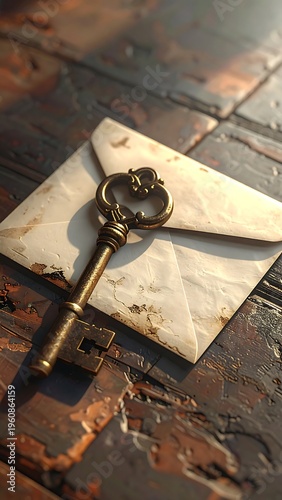 A vintage key on an old envelope on a wooden table