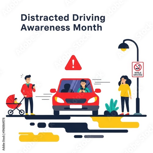 Distracted Driving Awareness Month illustration with driver and pedestrian