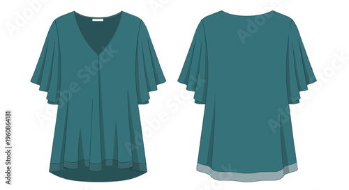 Elegant teal v-neck top with graceful flutter sleeves technical fashion flat drawing apparel design illustration
