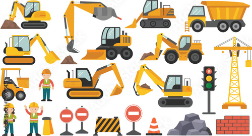 Construction machinery vector set, excavator bulldozer crane dump truck heavy equipment illustration industrial vehicles cartoon style isolated icons building site