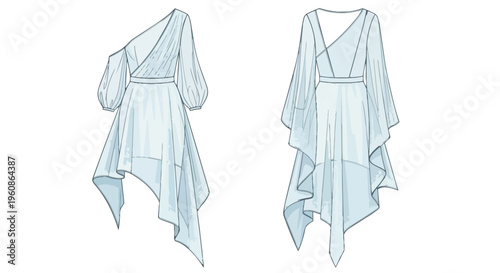 Elegant fashion design sketches showcasing two distinct asymmetrical dresses for modern women ethereal flowing fabric illustrations contemporary