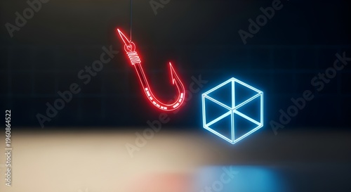Neon Red Digital Fishhook Targeting Blue Data Cube – Cybersecurity Threat, Phishing Attack Concept, Dark Futuristic 3D Render 8K