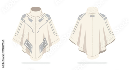 A pristine white poncho, adorned with modern grey geometric motifs, showcasing its unique design from both front and back perspectives, perfect for