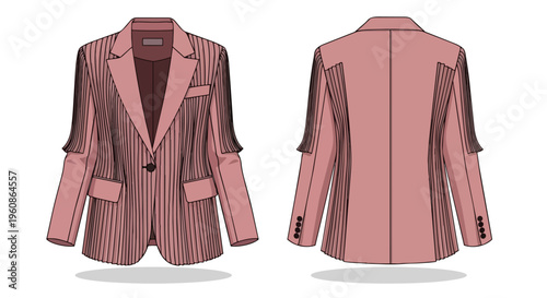 A sophisticated women's dusty rose blazer technical sketch featuring distinctive pleated sleeves and elegant side detailing perfect for modern
