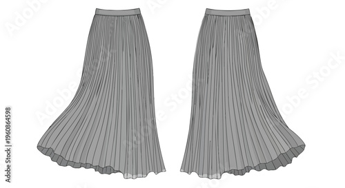 Technical drawing of a grey long pleated maxi skirt fashion apparel design vector illustration back and front views