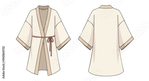 Flat sketch of a versatile minimalist wide-sleeved robe with a stylish tie belt design