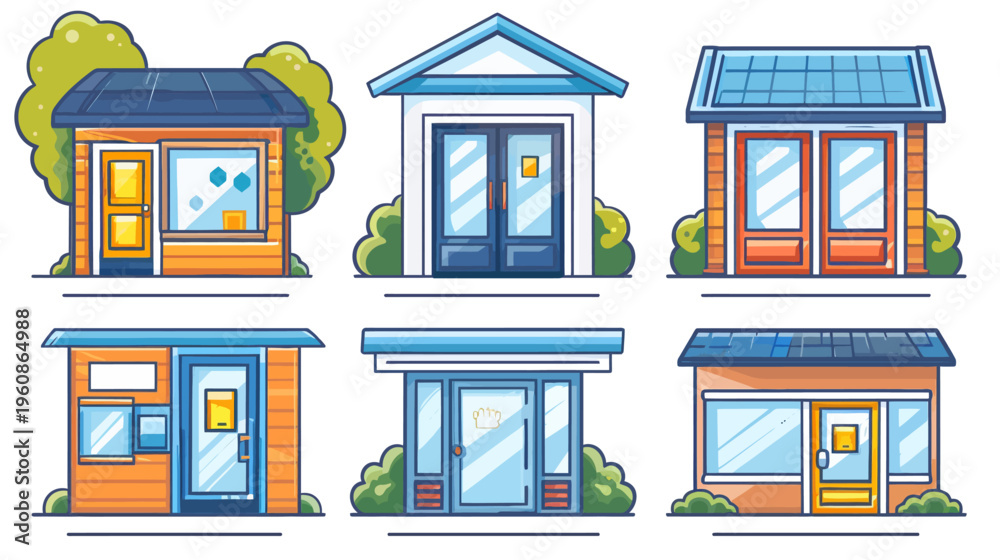 Obraz premium Six cartoon buildings with different designs, each with doors, windows, and greenery