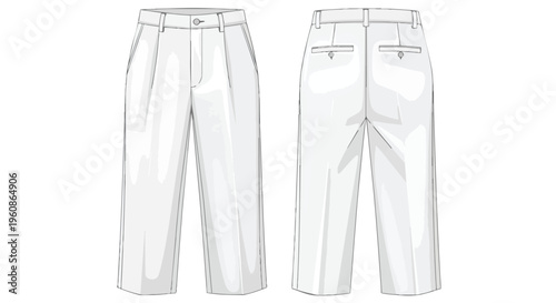 Technical flat drawing of men's or women's pleated front trousers with back welt pockets ideal for fashion design and apparel production