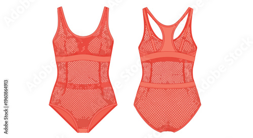 Vibrant coral one-piece swimsuit flat illustration showcasing front and back views with intricate mesh panels for modern swimwear design aesthetic