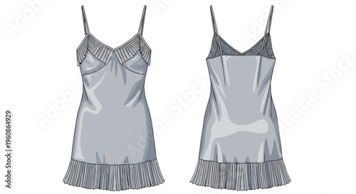 Elegant gray women's slip dress technical illustration showcasing front and back views with delicate V-neckline, thin adjustable straps, and a