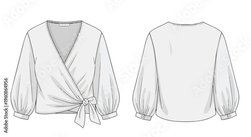 Modern women's elegant fashion design technical flat sketch showcasing a chic tie-front wrap blouse with voluminous long bishop sleeves and cuff