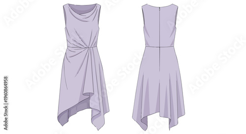 An elegant sleeveless fashion flat design featuring a contemporary cowl neck and a unique draped asymmetric hem dress perfect for stylish evening