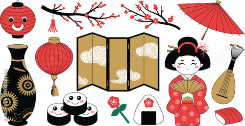 Japanese traditional icons set, geisha kimono lantern fan sushi umbrella shamisen sakura culture vector illustration collection design elements