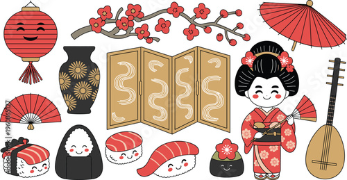 Japanese traditional icons set, geisha kimono lantern fan sushi umbrella shamisen sakura culture vector illustration design collection elements