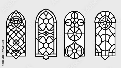 Four stylized architectural designs with black outlines on a light gray background