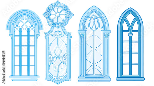 Four stylized windows, rendered in blue hues, showcasing different ornate architectural designs