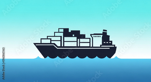 Large cargo ship sailing on calm ocean waters under a clear blue sky with stacked shipping containers on deck