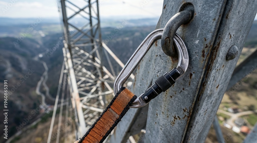 Naklejka premium Safety Hook Attached to Metal Structure on Power Line