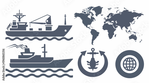 Simplified graphic of maritime elements including ships, world map, anchor icon, and globe