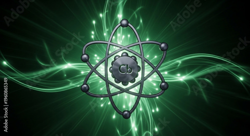 Atom symbol with glowing green energy lines and brain center on dark background representing science and innovation concept