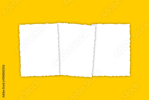 Torn paper sheets mockup with rough edges on yellow background editable vector illustration