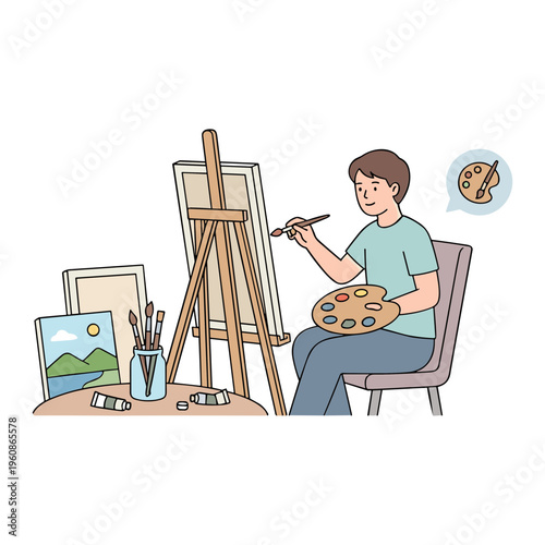 A man paints on an easel with a palette and brushes nearby indoors.