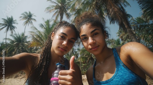 Wallpaper Mural Cardio sports exercise, healthy lifestyle. Two women taking a selfie on a beach with palm trees in the background. One woman holds a water bottle, and the other stands beside her. Torontodigital.ca