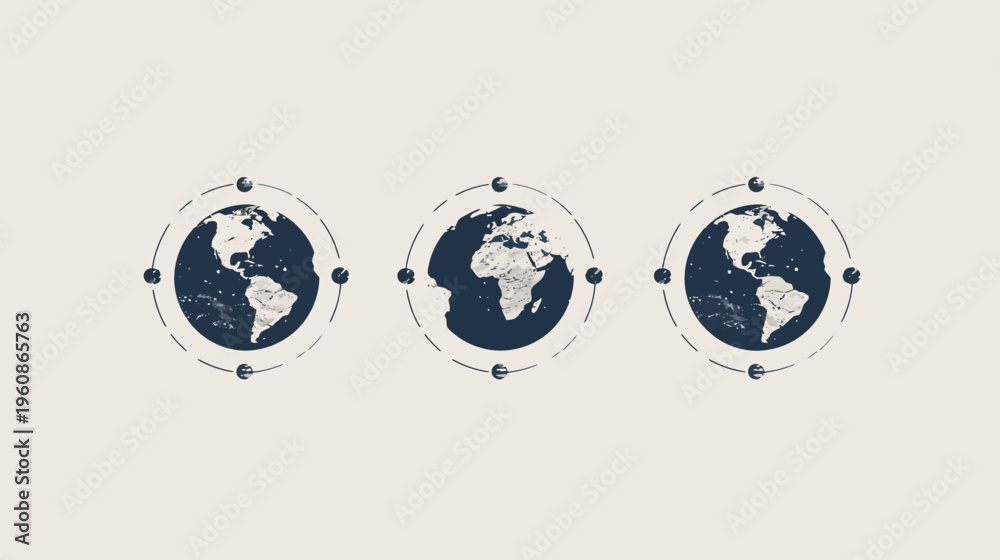 Obraz premium Three stylized, aged globes with surrounding circles on a light background