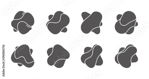 Eight abstract dark gray irregular blob shapes with white outline paths blobs outlines
