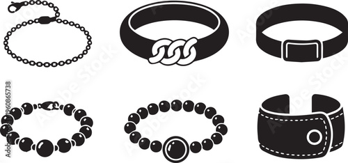 Black Bracelet and Wristband Vector Icons Set