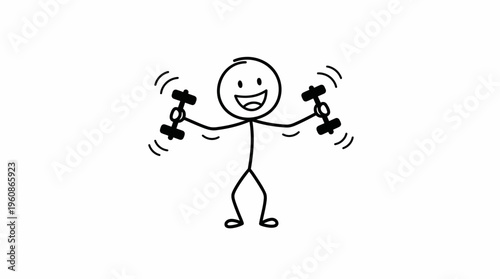 Happy stick figure man lifting dumbbells, actively building physical strength on an isolated white background.