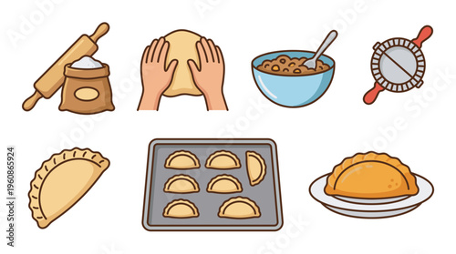 Vector illustration set of empanadas cooking process. Flat outline icons of flour, dough kneading, meat filling, pastry mold, baking tray, and finished food on plate.