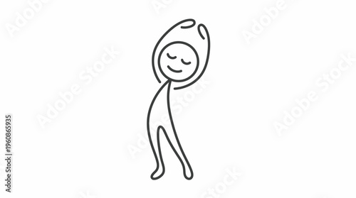 Relaxed stick figure person stretching sideways with raised arms, practicing flexibility on an isolated white background.