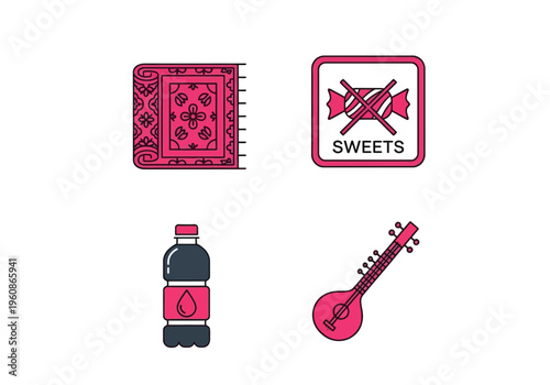 Collection of Culture and Lifestyle Icons - Sitar, Ornate Rug, Water Bottle, and No Sweets Sign