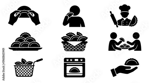Black silhouette vector icons of empanadas. Chef making pastry, hands folding dough, deep frying, baking in oven, serving on plate, basket, and people eating delicious food.