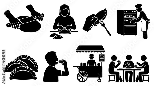 Black silhouette vector icon set of empanadas preparation and dining. Piktogram design for rolling dough, filling, baking, eating, and food cart on a simple white background.