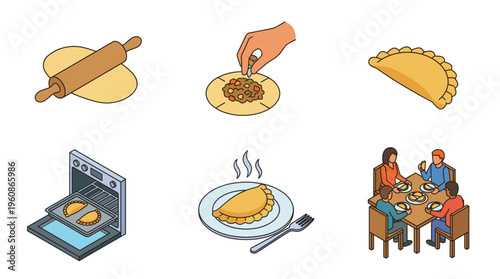 Flat vector illustration set of the empanadas making and dining steps. Detailed icons of rolling dough, adding beef filling, folding, baking, serving, and people eating together.