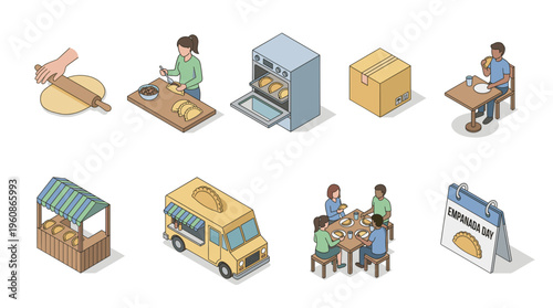 Isometric vector set of empanadas preparation to consumption process. Rolling dough, filling, baking in oven, packing in boxes, food cart, and group dining icon elements on white.