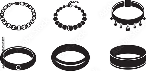 Black Jewelry Icons Set: Bracelet, Bangle, and Chain Vector Silhouette