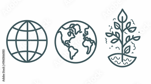 Three minimalist line-art icons a globe, a world map, and a plant