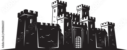 Black castle, medieval fortress, silhouette illustration, vector graphic