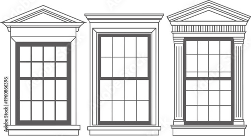 Classic window set, vintage architectural frames with decorative columns isolated on white background vector illustration