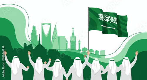 Saudi Men Celebrating National Day with Flag and City Skyline Silhouette; Unity and Patriotism Illustration for Saudi Founding Day and 23rd September