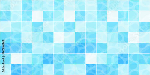 Blue pool tile mosaic pattern with water reflection and square grid background