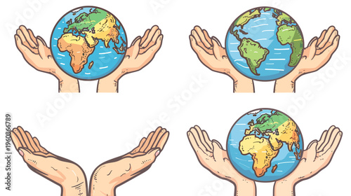 Four illustrations depicting hands holding or interacting with the Earth in a cartoon style