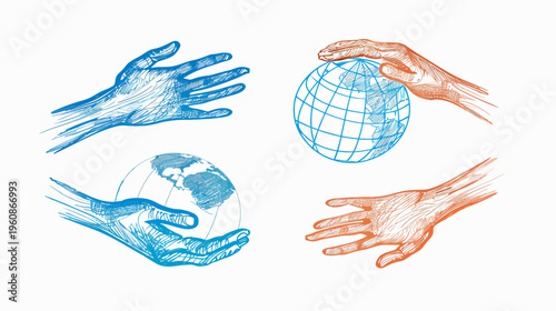Illustration of hands with a sketched globe, rendered in orange and blue. On a white background