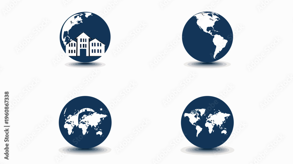 Obraz premium Four globe graphics, each in a dark blue sphere, displaying different white-outlined world map representations